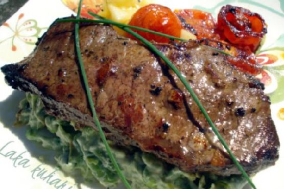 Strip steak with roasted cherry tomatoes and vegetable mash | Made by Meaghan Moineau