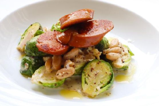 Kielbasa With Brussels Sprouts In Mustard Cream Sauce | Made by Meaghan Moineau