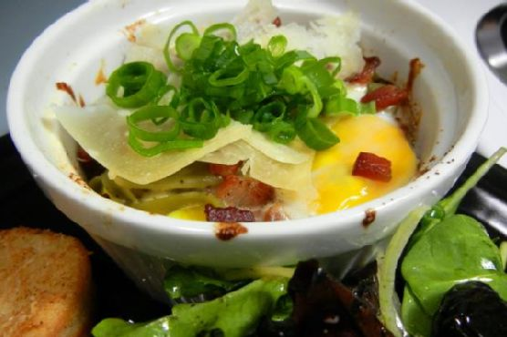 Baked Eggs and Bacon Cream In Spinach Fettuccine Nests | Made by Meaghan Moineau