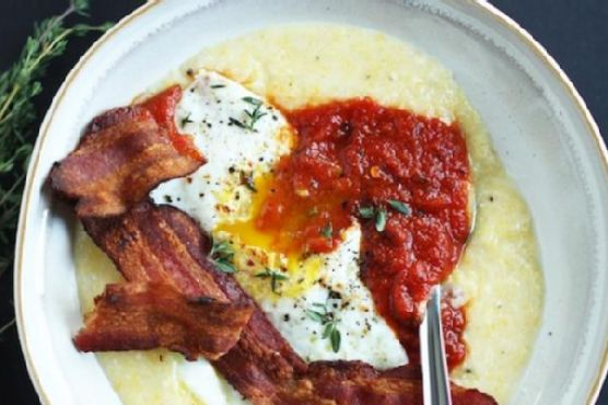 Creamy Polenta with Egg, Arrabiata & Bacon | Made by Meaghan Moineau