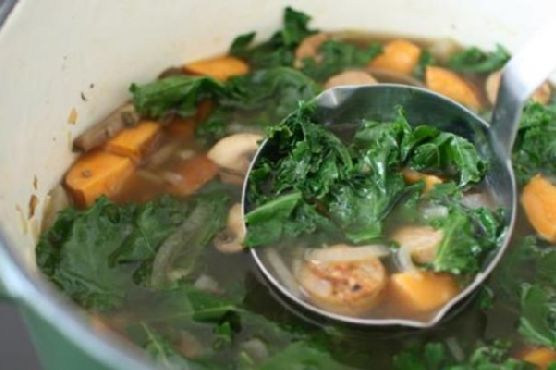 Kale and Roasted Sweet Potato Soup with Chicken Sausage | Made by Meaghan Moineau